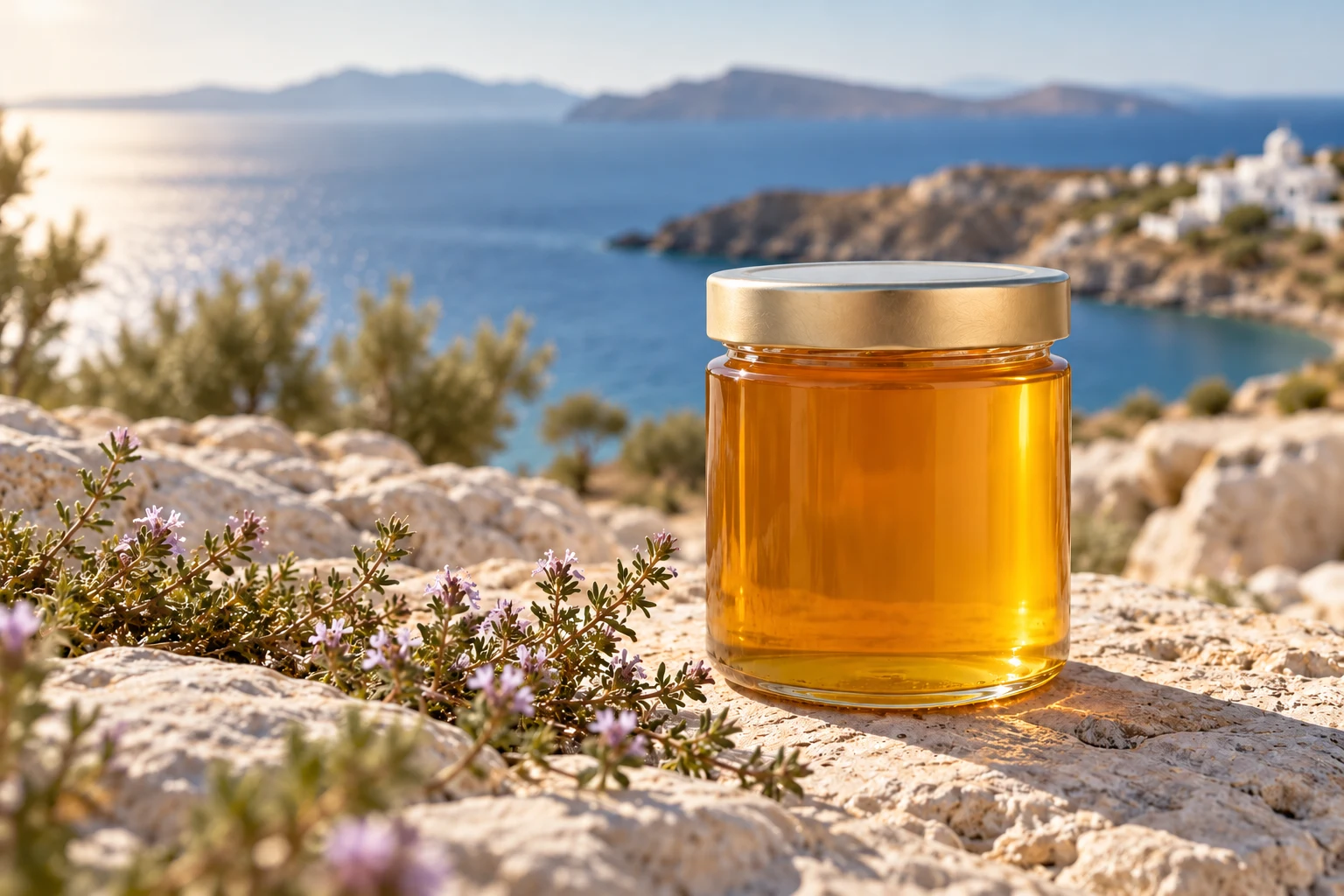 Concept photograph of golden honey beside flowering thyme and an Aegean island coastline